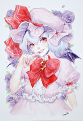 Rule 34 | bat wings, biting, black wings, blood, blood from mouth, blue hair, bow, bowtie, brooch, center frills, collared dress, commentary request, cropped torso, dress, eyelashes, fang, finger biting, finger to mouth, fingernails, flower, frilled dress, frilled hat, frills, hair between eyes, hand up, hat, hat ribbon, head tilt, highres, jewelry, johnalay, large bow, lips, long fingernails, looking at viewer, mini wings, mob cap, nail polish, nose, painting (medium), parted lips, pink dress, puffy short sleeves, puffy sleeves, purple flower, purple rose, red bow, red eyes, red nails, red neckwear, red nose, red ribbon, remilia scarlet, ribbon, rose, short hair, short sleeves, sidelocks, signature, silver hair, smile, teeth, touhou, traditional media, upper body, watercolor (medium), wing collar, wings