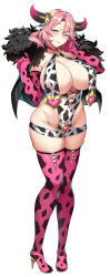 Rule 34 | 1girl, absurdres, animal print, blue eyes, blush, boots, breasts, bunnystein fantasy, character request, cleavage, closed mouth, commentary request, cow print, elbow gloves, full body, fur trim, gloves, heart, heart-shaped pupils, high heel boots, high heels, highres, horns, huge breasts, large breasts, looking at viewer, medium hair, mole, mole under eye, paina (bunnystein fantasy), pink footwear, pink gloves, pink hair, senri gan, sideboob, skindentation, smile, solo, standing, sweat, symbol-shaped pupils, thigh boots, thighs