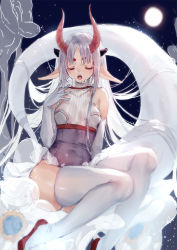 Rule 34 | bare shoulders, breasts, closed eyes, elbow gloves, facing viewer, frilled skirt, frills, full moon, gloves, highres, horns, leotard, medium breasts, moon, night, night sky, obiwan, open mouth, parted bangs, pixiv fantasia, pixiv fantasia last saga, pointy ears, see-through, sitting, skirt, sky, sleeveless, solo, thighhighs, white gloves, white thighhighs