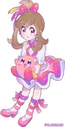 Rule 34 | 1girl, anklet, blush, bow, brown hair, carrying, commentary request, creatures (company), crossover, earrings, eyelashes, frills, game freak, hair bow, high heels, highres, jewelry, kirby, kirby (series), knees, may (pokemon), nintendo, open mouth, pink bow, pink footwear, pokemon, pokemon oras, purple eyes, shirt, short sleeves, skirt, smile, transparent background, watermark, white shirt, yajuuraku