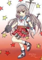 Rule 34 | 1girl, adapted turret, blue sailor collar, commentary request, depth charge, full body, gloves, gradient background, green eyes, grey hair, hat, highres, hip vent, kantai collection, long hair, looking at viewer, low twintails, mast, mikura (kancolle), pleated skirt, puffy short sleeves, puffy sleeves, red background, red skirt, sailor collar, sailor hat, sailor shirt, senon, shirt, short sleeves, skirt, socks, solo, star (symbol), twintails, white background, white gloves, white shirt, white socks