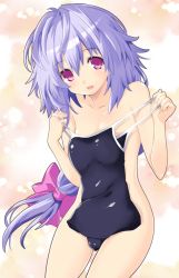 Rule 34 | 1girl, braid, breasts, collarbone, competition school swimsuit, covering privates, cowboy shot, hair ornament, iwashi dorobou -r-, kami jigen game neptune v, light purple hair, long hair, looking at viewer, neptune (series), nude, nude cover, one-piece swimsuit, open mouth, purple eyes, pururut, school swimsuit, small breasts, solo, swimsuit, unworn clothes, unworn swimsuit