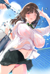 Rule 34 | 1girl, black skirt, blush, bow, bowtie, bra, bra visible through clothes, breasts, brown hair, bucket, chain-link fence, cloud, day, fence, from below, green neckwear, highres, holding, hose, large breasts, long hair, navel, one eye closed, open mouth, original, outdoors, panties, pink bra, pink panties, pleated skirt, see-through, shirt, skirt, sky, solo focus, underwear, water drop, wet, wet clothes, wet shirt, white shirt, yaegashi nan