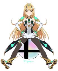 Rule 34 | 1girl, absurdres, artist name, black pantyhose, blonde hair, detached sleeves, hands on own hips, highres, long hair, looking at viewer, mmmalice, mythra (massive melee) (xenoblade), mythra (xenoblade), nintendo, pantyhose, simple background, sitting, smash ball, spread legs, super smash bros., super smash bros. logo, tiara, xenoblade chronicles (series), xenoblade chronicles 2, yellow eyes