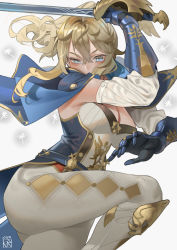 Rule 34 | 1girl, blonde hair, blue capelet, blue eyes, blue gloves, breasts, capelet, cleavage, detached sleeves, favonius sword (genshin impact), gauntlets, genshin impact, gloves, hair between eyes, highres, holding, holding sword, holding weapon, jean (genshin impact), large breasts, multicolored capelet, pants, poch4n, sidelocks, sword, tight clothes, tight pants, weapon, white pants