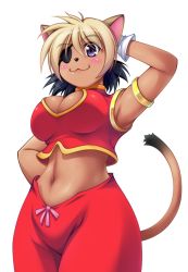 Rule 34 | 1girl, :3, alicia priss, animal ears, bad id, bad pixiv id, blonde hair, blush, breasts, cat ears, cat girl, cat tail, cleavage, curvy, dark-skinned female, dark skin, dyed bangs, eyepatch, female focus, furry, furry female, gloves, large breasts, little tail bronx, midriff, multicolored hair, navel, purple eyes, short hair, simple background, smile, solo, tail, tail concerto, two-tone hair, white background, wide hips, yusaka akuto