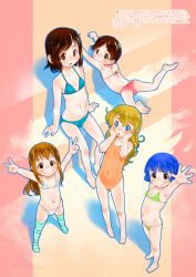 Rule 34 | 5girls, bare arms, bare legs, barefoot, bikini, blue hair, blush, breasts, brown eyes, brown hair, child, closed mouth, collarbone, double v, feet, flat chest, full body, gradient background, grin, hands on own face, highleg, highleg bikini, highres, long hair, looking at viewer, lowleg, lowleg bikini, midriff, multiple girls, navel, nipples, one-piece swimsuit, original, outstretched arm, outstretched hand, short hair, small breasts, smile, soles, standing, striped bikini, striped clothes, striped legwear, swimsuit, teruki kuma, text focus, thighhighs, toes, translation request, v