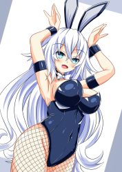 Rule 34 | 1girl, animal ears, aqua eyes, armpits, arms up, black heart (neptunia), blue leotard, blush, bow, bowtie, breasts, commentary request, covered navel, detached collar, fake animal ears, fishnet pantyhose, fishnets, hair between eyes, highres, kyou (hibikit), large breasts, leotard, long hair, looking at viewer, neptune (series), open mouth, pantyhose, playboy bunny, rabbit ears, rabbit pose, smile, solo, standing, strapless, strapless leotard, very long hair, white bow, white bowtie, white hair, wrist cuffs
