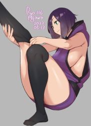 Rule 34 | 1girl, agawa ryou, armpit peek, bare shoulders, black thighhighs, bob cut, breasts, commentary, dated, dressing, english commentary, full body, green eyes, grey background, hood, inverted bob, large breasts, no shoes, original, purple hair, short hair, sidelocks, signature, simple background, sitting, sleeveless, solo, thighhighs, thighs
