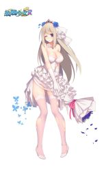 Rule 34 | 1girl, alternate costume, blonde hair, blue eyes, blue flower, blue rose, blush, bouquet, breasts, bridal veil, bug, butterfly, choker, cleavage, dress, flower, frilled dress, frills, frown, full body, gloves, high heels, insect, jewelry, large breasts, lexington (warship girls r), long hair, necklace, official art, petals, pink thighhighs, pumps, rose, shoes, simple background, solo, suisai., thighhighs, tiara, torn clothes, torn dress, torn thighhighs, transparent background, veil, warship girls r, wedding dress, white background, white dress, white gloves, wince