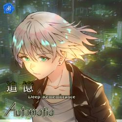 Rule 34 | 1girl, artist request, blue flower, city, closed mouth, earrings, flower, green eyes, hair between eyes, highres, indie virtual youtuber, inori hazuki, jacket, jewelry, mole, mole under mouth, official art, photo background, silver hair, solo, virtual youtuber