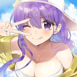 Rule 34 | 1girl, asymmetrical hair, backwards hat, bad id, bad pixiv id, bare shoulders, baseball cap, bb (fate), bb (fate) (all), bb (swimsuit mooncancer) (fate), bb (swimsuit mooncancer) (first ascension) (fate), bikini, bikini top only, blue sky, blush, braid, breasts, cleavage, collarbone, cropped jacket, day, fate/grand order, fate (series), hand gesture, hat, hat ornament, highres, jacket, large breasts, long hair, long sleeves, looking at viewer, off shoulder, one eye closed, purple eyes, purple hair, single braid, sky, smile, solo, star (symbol), star hat ornament, swimsuit, tongue, tongue out, v, v over eye, very long hair, white bikini, white hat, xacco, yellow jacket