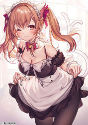 Rule 34 | 1girl, ;3, animal ears, apron, bare shoulders, bell, black dress, bow, bowtie, breasts, brown pantyhose, cat ears, cleavage, collarbone, cowboy shot, curtsey, detached collar, detached sleeves, dress, hair bow, jingle bell, komeshiro kasu, large breasts, leaning forward, long hair, looking at viewer, maid, maid apron, maid headdress, one eye closed, orange eyes, orange hair, original, pantyhose, smile, solo, spaghetti strap, standing, twintails, wrist cuffs