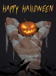 Rule 34 | 1boy, abs, amo (amo9612), arm behind back, armpits, bandaged arm, bandages, bara, bat (animal), halloween, happy halloween, highres, large pectorals, looking at viewer, male focus, manly, mature male, mummy costume, muscular, muscular male, nipples, original, pectorals, pumpkin, pumpkin on head, scar, scar on chest, scar on stomach, solo, thick arms, topless male