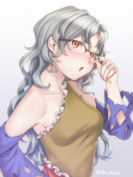 Rule 34 | 1girl, adjusting eyewear, bare shoulders, bespectacled, blush, breasts, collarbone, detached sleeves, dress, frilled dress, frills, glasses, glasses day, gradient background, grey hair, hand on eyewear, hand up, head tilt, highres, long hair, looking at viewer, medium breasts, multicolored clothes, multicolored dress, open mouth, red eyes, sakata nemuno, sho shima, sidelocks, single strap, solo, taut clothes, taut dress, touhou, twitter username, upper body, wavy hair