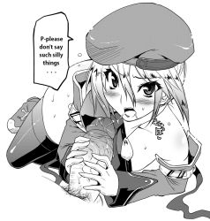 Rule 34 | 1boy, 1girl, arc system works, bare shoulders, beret, blazblue, blush, cum, detached sleeves, english text, facial, fellatio, gloves, handjob, hat, hetero, lying, monochrome, noel vermillion, open mouth, oral, penis, ribbon, short hair, sweat, thighhighs, translated, uncensored, uniform, utamaro