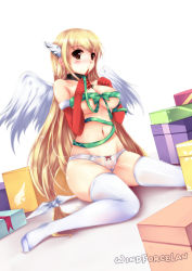Rule 34 | 1girl, angel wings, astraea (sora no otoshimono), bare shoulders, blonde hair, blush, breasts, cleavage, hair ornament, large breasts, long hair, ribbon, see-through, solo, sora no otoshimono, tears, thighhighs, white thighhighs, windforcelan, wings