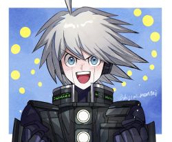 Rule 34 | 1boy, :d, ahoge, armor, blue background, blue eyes, blush, border, clenched hands, danganronpa (series), danganronpa v3: killing harmony, grey hair, hands up, happy, highres, k1-b0, male focus, mentai shijimi, open mouth, short hair, smile, solo, teeth, twitter username, upper teeth only, v-shaped eyebrows, white border