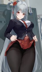 Rule 34 | 1girl, 3:, absurdres, artist request, black jacket, black panties, black pantyhose, blazer, breasts, buttons, closed mouth, clothes lift, commission, cowboy shot, embarrassed, flower, grey hair, hair flower, hair ornament, highres, jacket, large breasts, lifted by self, locker, long hair, long sleeves, mole, mole under eye, necktie, one side up, original, panties, panty peek, pantyhose, pleated skirt, red eyes, red skirt, rose, school uniform, second-party source, shirt, skirt, skirt lift, solo, standing, thighs, undershirt, underwear, very long hair, white shirt, wing collar
