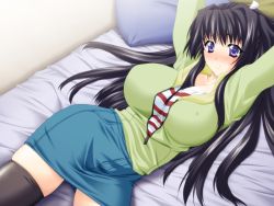 Rule 34 | 1girl, arms up, bed, black thighhighs, blush, breasts, covered erect nipples, embarrassed, game cg, huge breasts, large breasts, long hair, lying, non-web source, on back, pencil skirt, pillow, pururun cafe, shirt, skirt, solo, striped clothes, striped shirt, sumeragi kohaku, takeuchi narumi, thighhighs, unzipped, zettai ryouiki, zipper