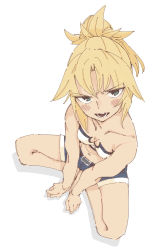Rule 34 | 1girl, blonde hair, blush, breasts, butterfly sitting, fate/apocrypha, fate (series), feet together, female focus, from above, highres, looking at viewer, midriff, mordred (fate), mordred (fate/apocrypha), navel, open mouth, ponytail, short shorts, shorts, simple background, sitting, small breasts, solo, teeth, tenohira (tenoo12), v arms, white background