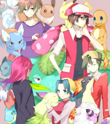 Rule 34 | 1990s (style), 1girl, 4boys, apron, baseball cap, blue oak, charmander, chikorita, closed eyes, creatures (company), croconaw, eevee, ethan (pokemon), flaaffy, flame-tipped tail, game freak, gen 1 pokemon, gen 2 pokemon, hat, head scarf, holding, kris (pokemon), magnemite, multiple boys, nintendo, pikachu, pink background, pokemon, pokemon (creature), pokemon gsc, quilava, red (pokemon), retro artstyle, shirt, silver (pokemon), sneasel, suzi com, t-shirt, upper body, venusaur, vest, wartortle