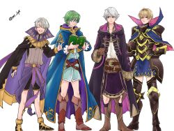 Rule 34 | 4boys, armor, bare legs, blonde hair, blue eyes, book, boots, cape, closed eyes, fire emblem, fire emblem: mystery of the emblem, fire emblem awakening, fire emblem fates, fire emblem heroes, full body, gloves, green hair, hairband, henry (fire emblem), highres, hood, leo (fire emblem), long sleeves, looking at viewer, male focus, merric (fire emblem), multiple boys, nezumoto, nintendo, open mouth, red eyes, robin (fire emblem), robin (male) (fire emblem), short hair, smile, white hair, wizard