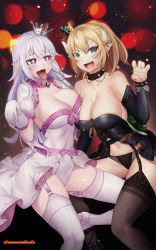 Rule 34 | &gt;:d, + +, 2girls, :d, adapted costume, arm belt, babydoll, bare shoulders, black legwear, black panties, blonde hair, blush, bow, bowsette, bracelet, breast press, breasts, cleavage, collar, covered navel, crown, dress, ear piercing, fang, frilled collar, frilled dress, frilled gloves, frilled leotard, frills, garter straps, gem, ghost pose, gloves, hair between eyes, highres, horns, jewelry, large breasts, leg between thighs, leotard, long hair, long tongue, looking at viewer, luigi&#039;s mansion, mario (series), mini crown, multiple girls, navel, new super mario bros. u deluxe, nintendo, open mouth, pale skin, panties, piercing, pink bow, pointy ears, ponytail, princess king boo, puffy short sleeves, puffy sleeves, red eyes, short sleeves, showgirl skirt, shrug (clothing), skirt, smile, sparkle, spiked bracelet, spiked collar, spiked shell, spikes, strapless, strapless leotard, super crown, thighhighs, tilted headwear, tongue, tongue out, turtle shell, twitter username, underwear, unmeinobasho, v-shaped eyebrows, white dress, white hair, white legwear, white leotard, white skirt