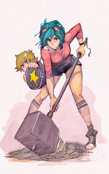Rule 34 | 1boy, 1girl, aqua hair, bag, bent over, between breasts, breasts, brown hair, commentary, david liu, duffel bag, english commentary, full body, goggles, goggles on head, ground shatter, highres, holding, holding weapon, huge weapon, kneehighs, long legs, looking at viewer, medium hair, mini person, miniboy, ramona flowers, revision, scott pilgrim (series), scott pilgrim, shoes, short shorts, shorts, small breasts, sneakers, socks, solo focus, strap between breasts, sweatdrop, war hammer, weapon, wristband