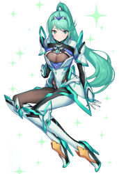 Rule 34 | 1girl, armor, blush, bodysuit, boots, breasts, chest jewel, cleavage, commentary request, full body, green322, green eyes, green hair, high heel boots, high heels, highres, horns, large breasts, legs, light smile, long hair, looking at viewer, pneuma (xenoblade), single horn, sitting, solo, tiara, white background, xenoblade chronicles (series), xenoblade chronicles 2, yokozuwari