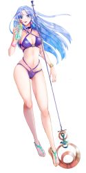 Rule 34 | 1girl, bare legs, bikini, blue eyes, blue hair, bracelet, braid, breasts, cleavage, collarbone, cup, drinking straw, fate/stay night, fate (series), floating hair, full body, highres, holding, holding cup, holding staff, jewelry, long hair, looking at viewer, medea (fate), medium breasts, multi-strapped bikini, nail polish, navel, pointy ears, purple bikini, red nails, shiny skin, single braid, solo, staff, swimsuit, transparent background, very long hair, youngmt1222