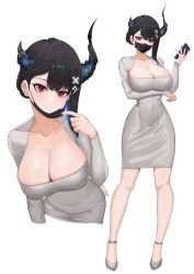 Rule 34 | 1girl, absurdres, arm under breasts, asymmetrical horns, black hair, black mask, blue hair, breasts, cellphone, cleavage, colored inner hair, demon horns, dongtan dress, dress, grey footwear, highres, holding, holding phone, hololive, hololive english, horns, large breasts, lazycoffee (wyen iscordo), looking at viewer, mask, mask pull, meme attire, mole, mole under eye, mouth mask, multicolored hair, nail polish, nerissa ravencroft, phone, red eyes, red nails, short hair, smartphone, solo, virtual youtuber, white background, white dress