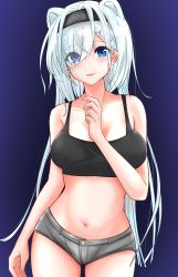 Rule 34 | 1girl, :3, absurdres, animal ears, aoe (tiranporan), arknights, aurora (arknights), bare arms, bare shoulders, bear ears, black hairband, blue background, blue eyes, breasts, camisole, collarbone, commentary request, cowboy shot, crop top, grey shorts, hair over one eye, hairband, hand up, highres, large breasts, long hair, looking at viewer, micro shorts, midriff, navel, partial commentary, pink lips, shorts, smile, solo, spaghetti strap, sports bra, standing, stomach, very long hair, white hair