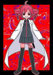 Rule 34 | abstract background, absurdres, arms at sides, black border, black footwear, black shirt, black skirt, boots, border, chromatic aberration, coat, collared shirt, distortion, drill hair, full body, furrowed brow, grin, half-closed eyes, headphones, highres, igaku (utau), kasane teto, long sleeves, looking at viewer, multicolored background, open clothes, open coat, outline, outside border, pleated skirt, red background, red eyes, red hair, red nails, shirt, short hair, skirt, smile, standing, straight-on, tadano tajima, thigh boots, thighhighs, twin drills, utau, white outline, zettai ryouiki