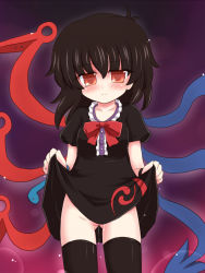 Rule 34 | 1girl, black hair, black thighhighs, clothes lift, dress, dress lift, female focus, gradient background, houjuu nue, no panties, pussy juice, red eyes, ry (yagoyago), short hair, snake, solo, thighhighs, touhou, wings