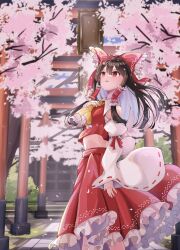 Rule 34 | 1girl, ascot, bare shoulders, black hair, bow, cherry blossoms, day, detached sleeves, erisauria, feet out of frame, frilled skirt, frills, hair bow, hair tubes, hakurei reimu, highres, japanese clothes, long hair, nontraditional miko, open mouth, red bow, red eyes, red skirt, ribbon-trimmed sleeves, ribbon trim, sidelocks, skirt, solo, torii, touhou, white sleeves, wide sleeves, yellow ascot