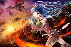 Rule 34 | 1girl, aqua eyes, blue eyes, blue hair, boots, castle, claws, demon, dragon, fantasy, feathers, fire, floating castle, floating island, flying, horns, jewelry, kamome yuu, long hair, looking back, monster, necklace, original, scenery, skirt, sky, star (symbol), sun, sword, tail, talons, tiara, tree, weapon, yellow eyes
