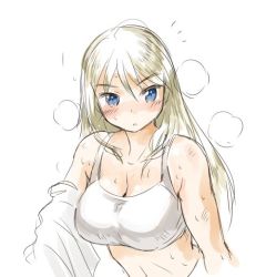 Rule 34 | ^^^, 10s, 1girl, bare shoulders, bismarck (kancolle), blonde hair, blue eyes, blush, breasts, cleavage, collarbone, kantai collection, large breasts, long hair, looking at viewer, midriff, navel, sketch, solo, sports bra, sweat, tamu (mad works), white background