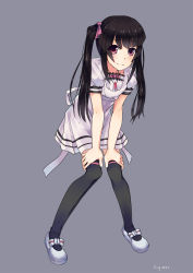 Rule 34 | 1girl, black hair, black thighhighs, brown eyes, collarbone, grey background, hair ribbon, highres, jewelry, long hair, looking at viewer, necklace, original, purple ribbon, ribbon, signature, simple background, smile, solo, thighhighs, toyozero, twintails