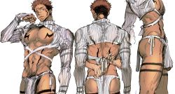 Rule 34 | 1boy, abs, absurdres, arm tattoo, ass, back, chest tattoo, closed mouth, evolved virgin killer sweater, extra eyes, facial tattoo, highres, jujutsu kaisen, leg tattoo, long sleeves, looking at viewer, male focus, meme attire, midriff, multiple views, muscular, muscular male, navel, pectorals, pelvic curtain, pink hair, revealing clothes, ryoumen sukuna (jujutsu kaisen), see-through, short hair, shoulder tattoo, simple background, sleeves past wrists, stomach, stomach tattoo, tattoo, thighs, turtleneck, undercut, woshihedawei