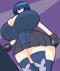 Rule 34 | 1girl, angry, black gloves, black skirt, blue eyes, blue hair, boots, breasts, bursting breasts, ciel (tsukihime), cleavage, curvy, dutch angle, eyelashes, female focus, gensin, gigantic breasts, gloves, highres, purple background, short hair, skirt, solo, standing, thick thighs, thighhighs, thighs, tsukihime, wide hips, zettai ryouiki