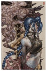 Rule 34 | 1girl, arcane: league of legends, arm tattoo, bare shoulders, blue hair, breasts, commentary, english commentary, from side, gun, highres, holding, holding gun, holding weapon, ivoaboites, jinx (league of legends), league of legends, long hair, navel, shoulder tattoo, small breasts, smile, solo, stomach tattoo, tattoo, weapon, yellow eyes