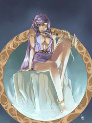 Rule 34 | 1girl, anklet, arm support, armlet, barefoot, belt, breasts, ceda (dace), circlet, cleavage, cleavage cutout, clothing cutout, dagger, dark-skinned female, dark elf, dark skin, dragon, elf, highres, jewelry, knife, large breasts, long hair, looking to the side, pirotess, pointy ears, purple hair, record of lodoss war, sitting, solo, very long hair, weapon, yellow eyes