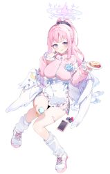 Rule 34 | 1girl, absurdres, alternate costume, angel wings, apron, bandaid, bandaid on leg, blue archive, blush, bread, breasts, feathered wings, food, hair bun, hair ornament, halo, highres, holding, holding plate, jacket, long hair, long sleeves, looking at viewer, loose socks, low wings, medium breasts, meunhongcha, mika (blue archive), multicolored eyes, on bed, pink hair, pink halo, pink jacket, plate, ponytail, purple eyes, scrunchie, single side bun, sitting, socks, solo, waist apron, white background, white wings, wings, yellow eyes