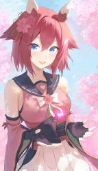 Rule 34 | 1girl, :d, absurdres, animal ears, blue eyes, breasts, cherry blossoms, commentary, detached sleeves, ear covers, flipped hair, flower, green ribbon, hair between eyes, hair flower, hair ornament, hair ribbon, highres, hiroserii, horse ears, horse girl, large breasts, looking at viewer, open mouth, pink hair, ribbon, sakura chiyono o (umamusume), short hair, smile, solo, umamusume