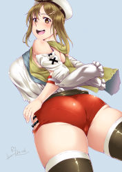Rule 34 | 1girl, ass, atelier (series), atelier ryza, bare shoulders, blush, boots, breasts, brown eyes, brown hair, cameltoe, from behind, hair ornament, hairclip, hat, huge ass, jin nai, large breasts, looking at viewer, looking back, open mouth, pantylines, red shorts, reisalin stout, shiny clothes, shiny skin, short hair, short shorts, shorts, sideboob, smile, solo, thick thighs, thigh boots, thighhighs, thighs, wide hips