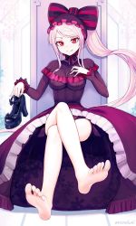 Rule 34 | 1girl, absurdres, bad id, bad twitter id, barefoot, bow, closed mouth, dress, fang, feet, female focus, foot focus, frilled dress, frills, gothic lolita, highres, huge filesize, lolita fashion, long hair, looking at viewer, md5 mismatch, overlord (maruyama), ponytail, red eyes, resolution mismatch, rezodwel, self-upload, shalltear bloodfallen, shoes, unworn shoes, sitting, smile, soles, solo, toes, twitter username, vampire, very long hair