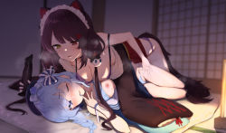 Rule 34 | 2girls, animal ears, black choker, black hair, blue bow, blue bra, blue eyes, blue hair, blue headwear, blue panties, blush, bow, bra, breasts, censored, choker, clothing aside, collarbone, dog ears, dog girl, dog tail, fang, futon, hair bow, hair ornament, hcz n, headdress, heterochromia, hololive, hoshimachi suisei, inui toko, large breasts, long hair, low twintails, lying, maid headdress, multiple girls, nijisanji, nipples, one eye closed, open mouth, panties, panties aside, purple bra, purple panties, red eyes, sliding doors, small breasts, striped, striped bow, tail, tatami, twintails, underwear, virtual youtuber, yellow eyes, yuri