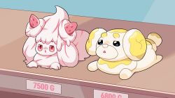 Rule 34 | alcremie, alcremie (strawberry sweet), alcremie (vanilla cream), animal focus, black eyes, colored sclera, creature as food, creatures (company), drunkoak, fidough, food, food focus, fruit, full body, game freak, gen 8 pokemon, half-closed eyes, highres, jitome, long hair, lying, multicolored hair, nintendo, no humans, on stomach, open mouth, pink hair, pokemon, pokemon (creature), red eyes, red sclera, sidelocks, strawberry, streaked hair, two-tone hair