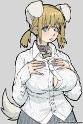 Rule 34 | 1girl, absurdres, animal collar, animal ears, blonde hair, blue eyes, breasts, cleavage, collar, commentary request, dog ears, dog girl, dog tail, fingernails, grey collar, highres, large breasts, lips, long fingernails, low twintails, original, pantsu-ripper, partially unbuttoned, pink nails, plaid, plaid skirt, skirt, sleeves past wrists, solo, tail, twintails, upper body, watermark, web address